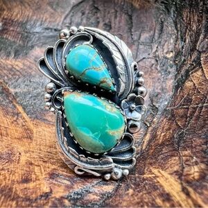 925 Sterling Silver Double Turquoise Ring with Floral Detail Size 9